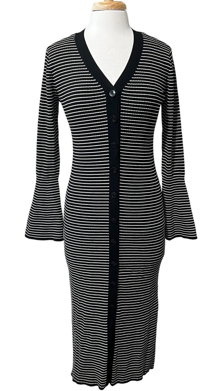 A New Day Women's Ribbed Fitted Sweater Dress Bell Sleeve Button Down Size M NWT